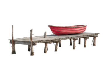 A solitary red wooden boat resting on a rustic pier.