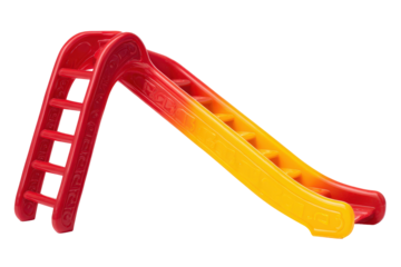Colorful red and yellow plastic childrens slide for playground fun.