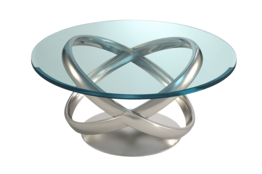 Modern round glass coffee table with a sculptural infinity base.
