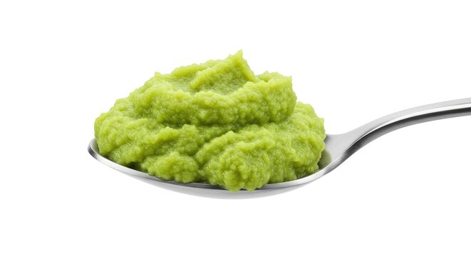 Vibrant Green Wasabi on Silver Spoon, Isolated on White Background