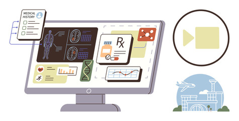 Monitor displays medical history, X-rays, DNA analysis, and prescriptions. Airport terminal with plane highlights travel. Ideal for healthcare, data, AI, telemedicine diagnostics innovation © robu_s