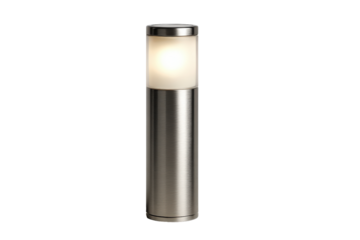 Modern stainless steel outdoor garden bollard light illuminated.