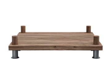 Modern wooden slat bench with metal legs and posts.