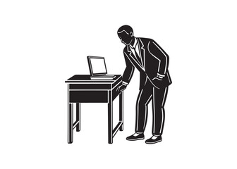 Businessman Examining Laptop on Low Desk; Monochrome, Serious Mood, Vector Illustration.