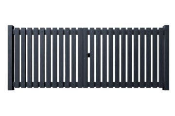 Modern dark grey metal driveway gate isolated on white.