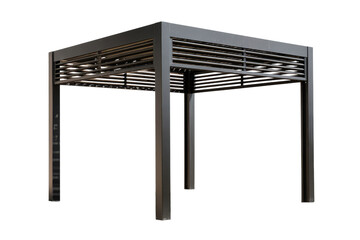 Modern dark gray metal pergola with a louvered roof isolated on a white background.