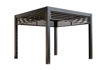 Modern dark gray metal pergola with a louvered roof isolated on a white background.
