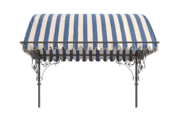 Vintage blue and white striped awning with ornate iron frame.
