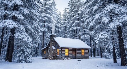 Winter sanctuary a snow laden cabin nestled among towering coniferous trees