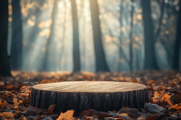 Wooden tree stump platform on autumn forest ground covered with fallen leaves, illuminated by morning sunlight and misty rays shining through tall trees