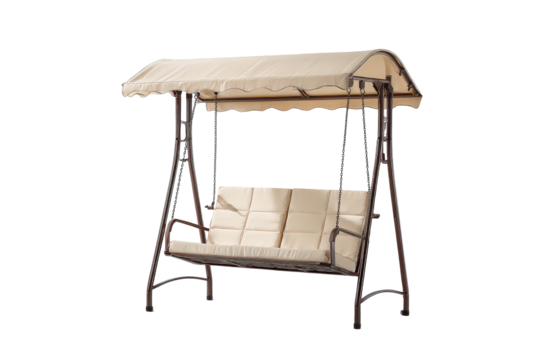 Outdoor garden swing seat with a beige canopy and cushions.