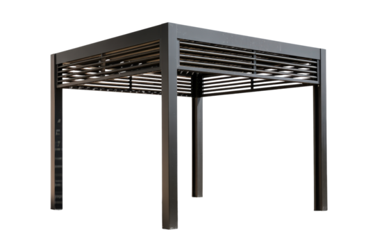 Modern dark gray metal pergola with a louvered roof isolated on a white background.