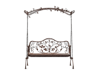 Ornate wrought iron garden swing bench with canopy isolated on a white background.