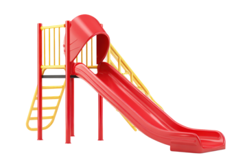 Red plastic playground slide with yellow ladder isolated on white.