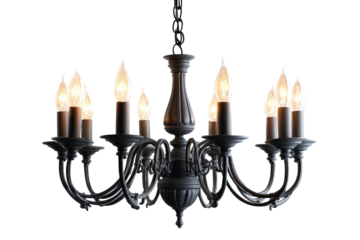 Elegant black vintage style chandelier with glowing candle bulbs.