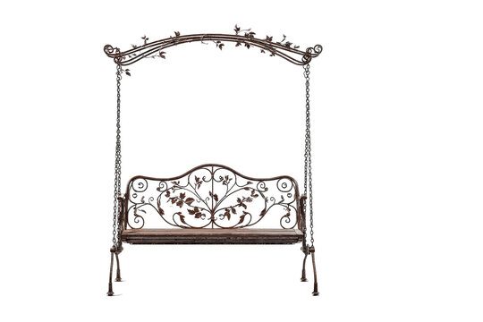 Ornate wrought iron garden swing bench with canopy isolated on a white background. - Powered by Adobe