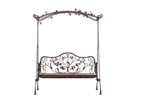 Ornate wrought iron garden swing bench with canopy isolated on a white background.