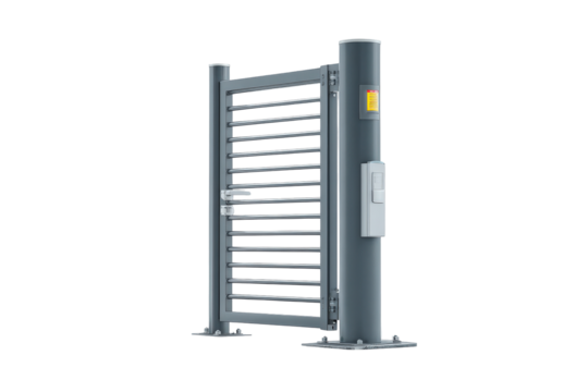 Modern gray metal security gate with electronic access control system.