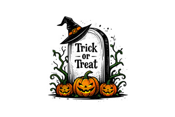 Halloween tombstone with trick or treat text, witch hat and pumpkins isolated on transparent background