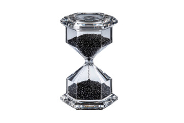 Elegant crystal hourglass with black sand isolated on white background.