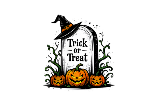 Halloween tombstone with trick or treat text, witch hat and pumpkins isolated on transparent background