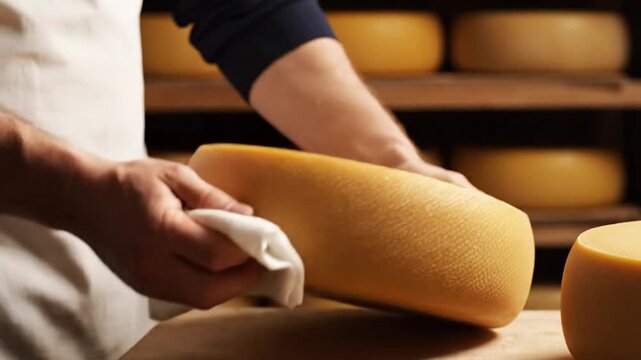 Artisan cheese maker carefully cleaning a large wheel of aged cheese with a cloth in a rustic dairy production environment