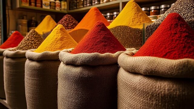 Display of Various Spices in Sack Bags with Orange Yellow and Red Hues at a Spice Market Stand in Warm Interior Lighting