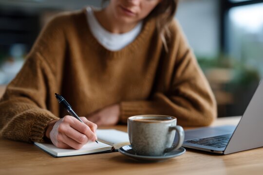 Person in brown sweater writing in notebook with pen while sitting at wooden desk, with coffee cup and open laptop in a bright home workspace