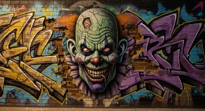 Disturbing clown graffiti art on brick wall with vibrant colors and edgy abstract urban design - Powered by Adobe