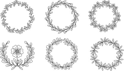 Hand-drawn floral wreath frames, botanical circle vector, flower border designs, decorative leaf garlands, black and white outline art
