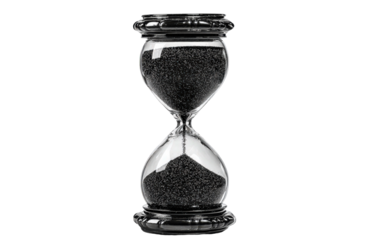 Monochrome hourglass with black sand isolated on a white background.