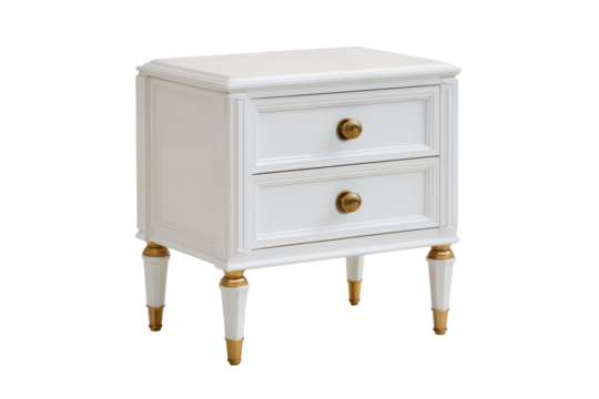 Elegant white wooden nightstand with two drawers and gold accents.