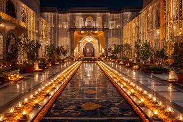 Grand palace courtyard beautifully decorated with rows of glowing oil lamps and golden lights during night celebration creating festive traditional atmosphere