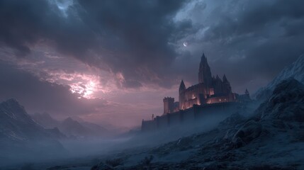 Fototapeta premium Dark gothic castle glowing with lights under dramatic stormy sky at twilight, surrounded by misty mountains and eerie landscape creating mysterious fantasy scene