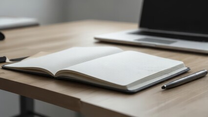 Open notebook and pen on a desk near a laptop