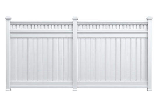 White vinyl privacy fence section with decorative top isolated.