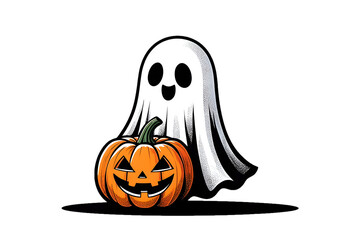 Cute ghost with carved pumpkin isolated on transparent background halloween cartoon illustration