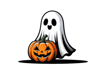 Cute ghost with carved pumpkin isolated on transparent background halloween cartoon illustration