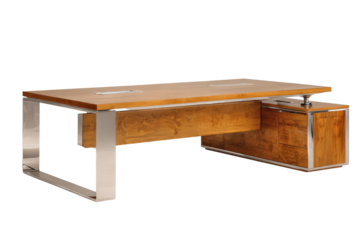 Modern executive office desk with wooden top and steel legs.