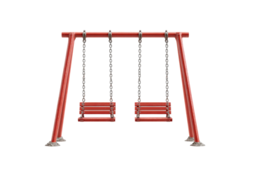 Red metal A-frame swing set with two seats isolated on a white background.