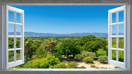Open Window View to Green Garden and Nature Landscape