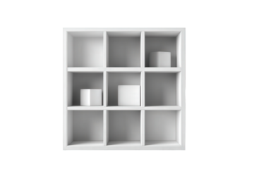 Minimalist white square shelf with nine compartments isolated.