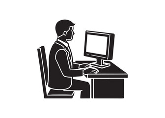 Silhouette of Person Working at Desk with Dual Monitors, Simple Icon, Business Concept