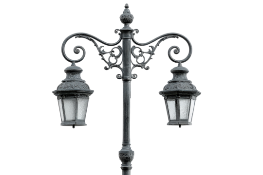 Ornate vintage black street lamppost with two lanterns isolated.