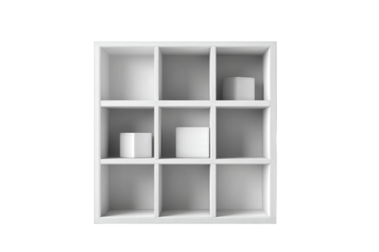 Minimalist white square shelf with nine compartments isolated.
