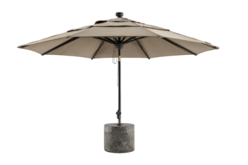 Patio umbrella with concrete base.