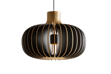 Modern wooden slatted pendant lamp hanging on a white background.