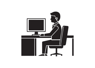 Silhouette of Person Working at Desk with Dual Monitors, Simple Icon, Business Concept