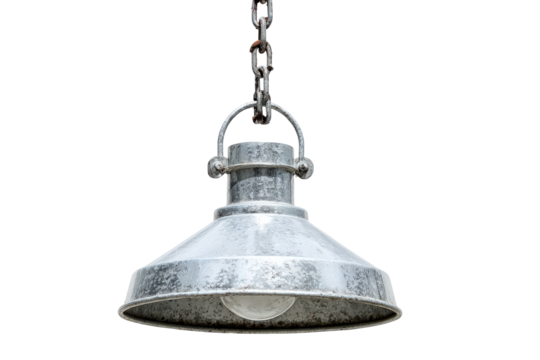 Industrial style galvanized metal pendant lamp hanging from a chain.