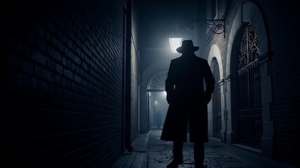 Silhouetted figure in fedora and overcoat walks dark brick alleyway at night